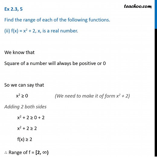 Ex 2.3, 5 - Find the range of function: f(x) = x^2   2, x, is a real