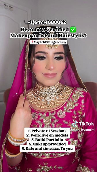 7 Day Certified Professional Makeup Course 1. Private one on one sessions 2. Time according to your and mine availability 3. Makeup and tools provided in class to practice 4. Create Portfolio with us 5. Learn to work on all skintypes and concern 6. Makeup looks - 6.0 E- shoot neutral Makeup 6.1 Guest Party makeup 6.2 makeup on mature skin 6.3 jaggo makeup 6.4 Bridal wedding look 6.5 Bridal Reception Look - different eye makeups, how to apply eye liner, lashes, lenses, halo eyes, Glitter applicat