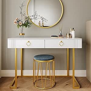 White Vanity Desk with 2 Drawers, Gold and White Desk,Home Office Desk Modern Makeup Vanity Table, Entryway Console Table, Sofa Table (Deluxe Leg)