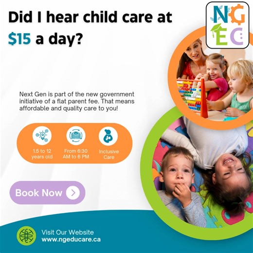 🌟 Big news for parents! 🌟 Next Gen offers your child a transformative program for just $15/day! 🎓 With a fun, creative curriculum and dedicated educators, your little one will learn and grow daily. ✨ Give your child a vibrant learning experience with new skills and friendships. 🚀 Secure your spot today and unlock their potential! 💫 Don’t miss this opportunity for your child's future at an unbeatable price! 💰 Join the Next Gen family! ❤️ 📩contact@ngeducare.ca 📞(825) 257-5715 🌐www.ngeduca