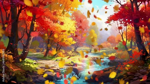 autumn maple tree leaves fall. orange maple tree forest. the river flows beneath it. Animated looping background.