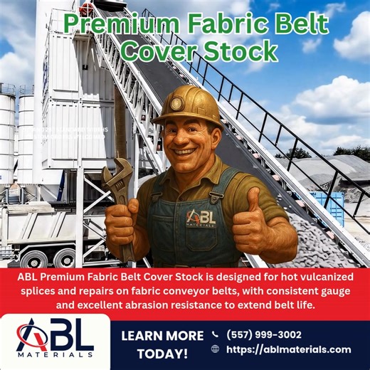 From crushers to load zones, fabric belts see it all. ABL Premium Fabric Belt Cover Stock is built to protect hot vulcanized splices from abrasion and impact, so your lines run longer with fewer breakdowns. https://ablmaterials.com #ConveyorBelts #CoverStock #BeltSplicing #Mining #Aggregates #Recycling #ABLMaterials | ABL Materials