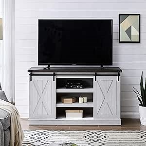 JYED DECOR Farmhouse Sliding Barn Door TV Stand for TV up to 65 Inch Media Console Table Storage Cabinet Wood Entertainment Center Ranch Rustic Style Gray