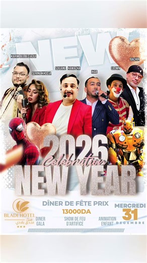 Nouvel An 2026 au Bladi Hotel Oran 🎉 Dîner gala, gros show live avec Sofiane Hamacha, Serine Khodja, Karim Belbedjaoui, Ihab, Bachir et ambiance 100% festive. • Animations enfants, présence de super‑héros et robot géant, plus feu d’artifice pour des stories de folie à minuit. 📍 Adresse : Maraval, 3ème périphérique – Bladi Hotel 📞 Réservations (places limitées) : 05 60 70 53 01 Tag tes amis, bloque la date et viens commencer 2026 comme il faut. @Sofiane Hamacha #reveillon2026 #soiree #restaura