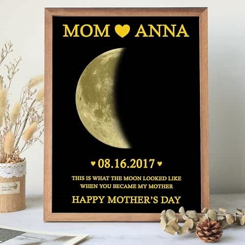 Personalized Moon Phase Canvas Frame - Wood Metal Foil Lunar Print Art Frame - Custom Birthday Moon Phase With Name & Text - Moon Phases Photo Frame Unique Gift for Mom Dad from Daughter Son