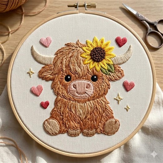 Highland Cow Embroidery Pattern, Sunflower Cow Hand Embroidery Design, Floral Cow With Hearts Design PDF Download - Etsy