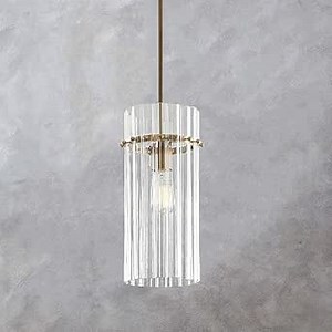 Crystal Fluted Finial Pendant Light with Tumbled Brass Finish, Crystal, Finial Details, Fluted Effect, Tumbled Brass Finish, 6.5" L x 6.5" W x 15" H