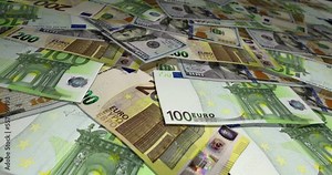 Dollar and Euro banknote surface. Flying over USD and EUR money note. 3D concept of exchange, inflation, economy, finance, fluctuations in exchange rate, crisis and banking. Seamless looped.