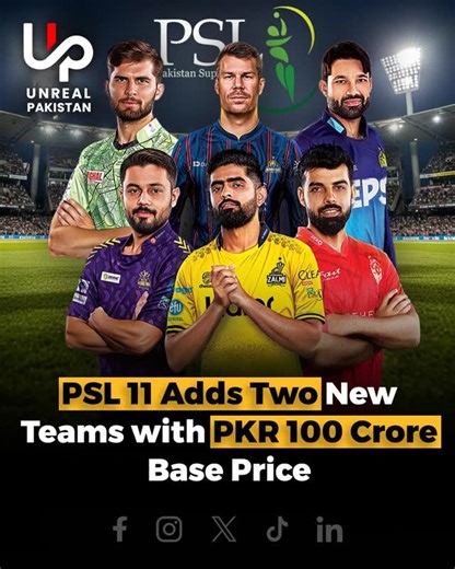 Unreal Pakistan on Instagram: "The Pakistan Super League is set to expand in its 11th edition with the addition of two new teams. The base price for each franchise has reportedly been fixed at around PKR 100 crore. Ten bidders have been shortlisted for the auction, which will take place on January 8 in Islamabad, where the new teams will be finalized. The ceremony is expected to be a high-profile event, featuring a special performance by renowned singer Rahat Fateh Ali Khan. Disclaimer: Informat