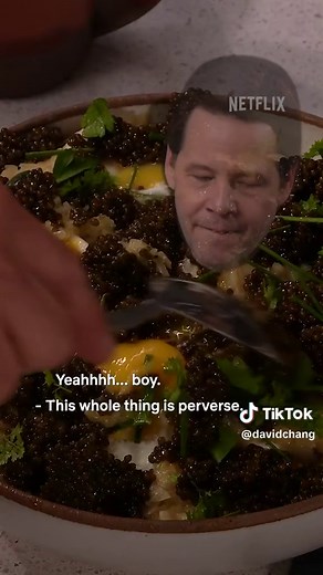 Potato chips and eggs…one of my favorite combinations. Topped @lays potato chips with fried eggs, onion, #caviar, fines herbs and vinegar spray. This one is kind of a riff on the Ko 🥚. I think @ikebarinholtz thought it was okay too. #DinnerTimeLive streaming now of @Netflix