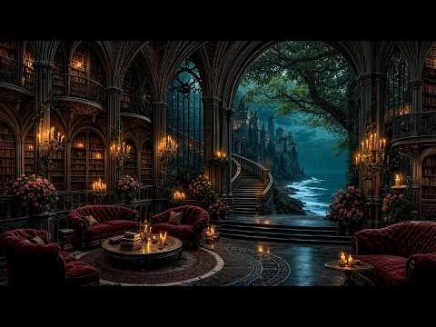 Cozy Coastal Gothic Library with Candlelight | Rainy & Sea View Ambience | Dark Academia Playlist
