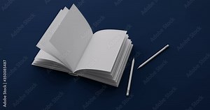 White paper, notebook and pencils lying on a dark blue table. Zoom in on the camera in a spiral. 3d renderer
