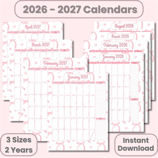 Pink Bow Calendar Organize 2026 2027 Calendar Pretty Pink Bow Printable Calendar 2026 2027 Bow USL A4 Classic Happy Planner Instant Download - Etsy