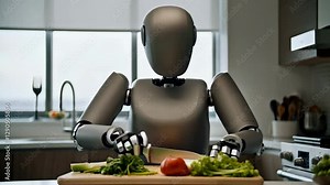 Humanoid robot skillfully slicing vegetables on a cutting board, highlighting advancements in robotic technology and automation in the kitchen environment