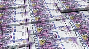 10K Kazakhstani Tenge Banknotes ? Horizontal Version Slow Motion Camera Movement. Realistic 3D Animation of Kazakhstan Tenge Currency Stack in 4K Resolution