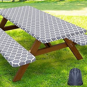 Smiry Picnic Table Cover with Bench Covers, Waterproof Elastic Fitted Tablecloth for 6 Foot Tables, Washable Polyester Tablecloths for Camping, Indoor & Outdoor (Grey, 30x72 Inch 3-pc Set)