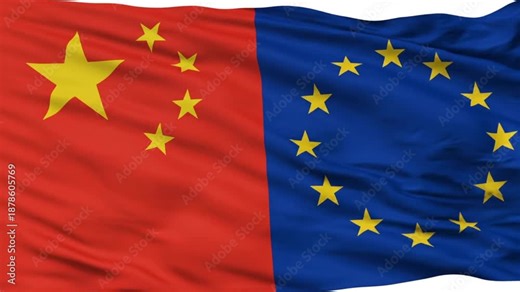 China and European Union flags waving together in unity and cooperation