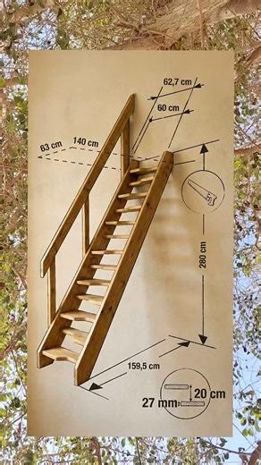 conceptual diagram for a space-saving wooden staircase, often referred to as a "paddle stair" or "alternating tread stair." It combines a 3D rendering of the stairs with overlaid technical measurements and icons to explain the dimensions and construction. Here is a detailed breakdown: 1. STRUCTURAL DESIGN • Alternating Treads: The most distinctive feature is the "paddle" shape of the steps. Each step is cut away on one side, allowing your feet to move vertically in a steeper space than a traditi