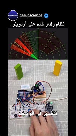 DeepScience on Instagram‎: "نظام الرادار القائم على أردوينو هو مشروع ذكي يرصد محيطك باستخدام الموجات الصوتية. عادةً ما يتم ذلك باستخدام مستشعر فوق صوتي ومحرك سيرفو. عند تدوير مستشعر محرك السيرفو بزوايا محددة، يرسل المستشعر موجات صوتية ويحسب المسافة بناءً على مدة ارتداد الموجات. من خلال هذه العملية، يحدد الرادار مواقع الأجسام في المنطقة المحيطة. يقوم متحكم أردوينو الدقيق بمعالجة بيانات المستشعر وعرض معلومات المسافة على شاشة أو واجهة حاسوب. يتم إنشاء "خريطة رادار" بتسجيل كل زاوية وقيمة مسافة أثناء