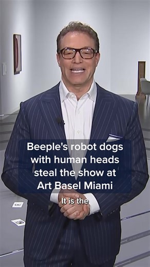 Digital Artist Beeple's latest endeavor, "Regular Animals," is stealing the show at Art Basel Miami and going viral as it kicks off the annual event. The robot dogs are complete with realistic masks of tech billionaires Elon Musk, Jeff Bezos and Mark Zuckerberg, and use their built-in cameras to take photos which then become NFTs. Beeple rose to fame during the height of the NFT art frenzy in 2021, quickly becoming one of the most expensive and well-known living artists. Watch more: cnb.cx/44SUs