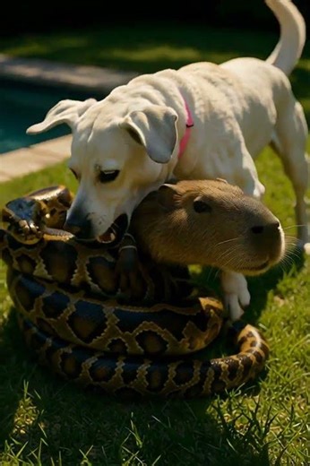 Unbelievable! Dog Jumps In To Save Capybara from Python! 🐍🐶