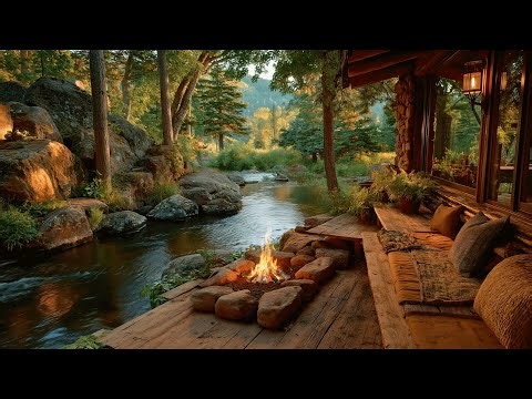 Crackling Campfire by the Forest Riverside Porch | Peaceful Nature Birds Sounds Ambience