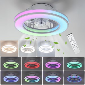 16 Inch Small Ceiling Fans With LED Lights And Remote,RGBW Multi-Color,25W DC Quiet Motor,Reversible,6 Speeds,Low Profile, RGB 3 Colors,Compact,Bladeless,Flush Mount Ceiling Fixture