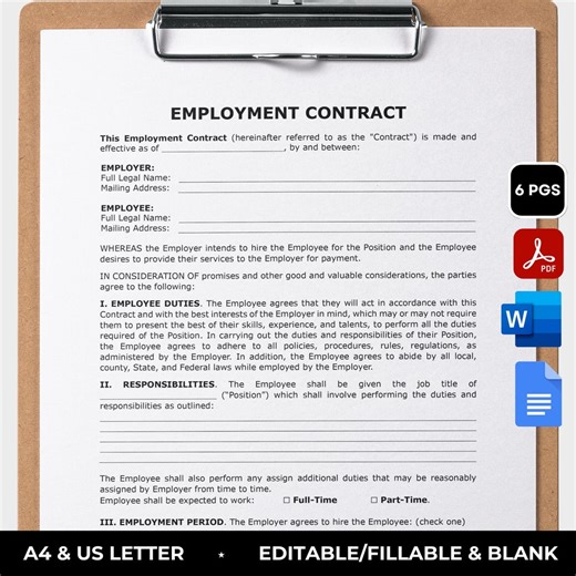 Employment Contract Template Editable Employment Agreement Services Contract Printable Employee Contract Job Agreement HR Forms PDF MS Word - Etsy