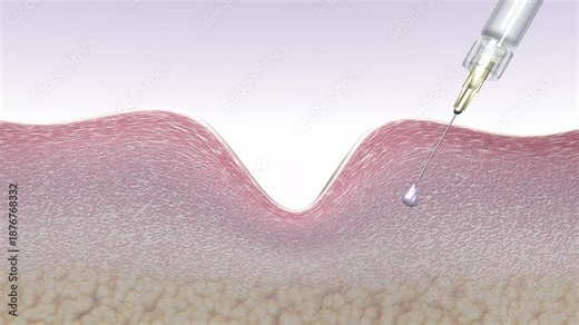 Fibroblast activation and collagen fibers regeneration in the skin extracellular matrix. Injection.Cross-section of skin tissues before and after anti-aging wrinkle reduction treatment. 3d animation