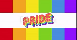 Animation of prode text over rainbow stripes background