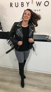 3.8K views · 48 reactions | We're twirling into Saturday....Shawlands 10-5, West End 10-6! Happy Weekend!  ❤️Stud Tassel Biker £80 ❤️Super Stretch high waisted jeans £39 ❤️Over the knee boots £49  | Ruby Woo Boutique | Facebook
