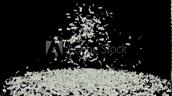 Money drop. Money rain animation on transparent background. Falling rotating Money. Falling money rain motion background with alpha channel.