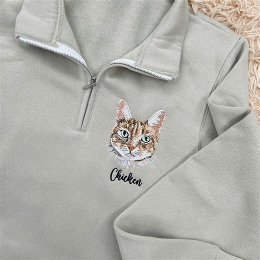 Custom Cat Embroidered Quarter Zip Sweatshirt, Personalized Pet Portrait Pullover, Custom Cat Face Sweater, Pet Lover Gift, Custom Cat Shirt - Etsy
