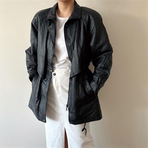 Vintage Leather Jacket Black Leather Coat Winter Jacket 80s 90s Retro Vintage Style Minimalist Trench Coat Overcoat Size S/PM - Etsy