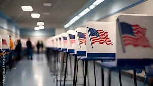 Row of Voting Booths with American Flags in a Polling Place