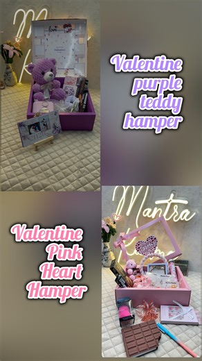 Mantra.Karma | Gift Hampers | Crystals | Trousseau on Instagram: "Stop Scrolling! Your Valentine’s Search Ends Here. 🏹✨ Give them a gift that’s as unique as your bond. Mantra Karma presents our most-awaited 2026 Valentine’s Duo—designed to wow, delight, and stay forever. Choose Their Vibe: 💖 The Pink Heart Hamper: For the one who loves all things aesthetic! Featuring premium jewelry, beauty essentials, gourmet treats, and a gorgeous heart-themed display. 💜 The Purple Teddy Hamper: The ultimat