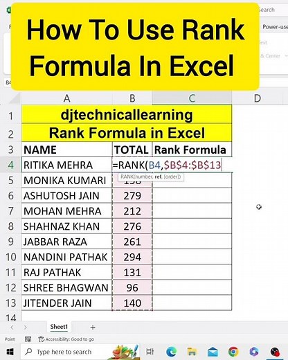 How To Use Rank Formula in Excel | Rank Function in Excel #rank #rankformula #exceltutorial #excel