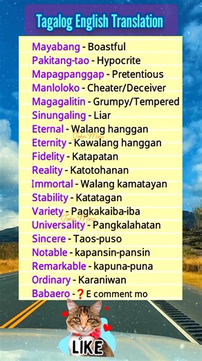 1.2M views · 19K reactions | Learn some essential Filipino words and their English meanings! expand your vocabulary and impress your friends. #FilipinoWords #LearnFilipino #Tagalog #Philippines #LanguageLearning #FilipinoCulture #Vocabulary #Pinoy #ItsMoreFunInThePhilippines #Trending #FYP #ForYouPage #Comment #Share #Like #Babaero | John Ines Mina | Facebook