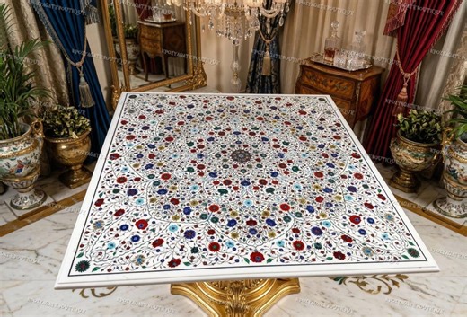 Square Marble Inlay Coffee Table, Pietra Dura Floral Top With Semiprecious Stones - Etsy
