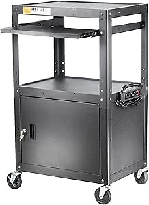 Steel Large AV Cart with Locking Cabinet - Adjustable Height Media Carts with Wheels, Pullout Tray, Power Strip for Mobile Work Station - Rolling Computer Cart for Office Classroom Presentation