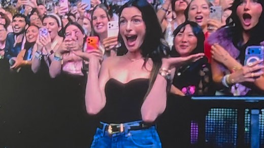 Anne Hathaway ‘arrested’ by Sabrina Carpenter with fuzzy pink handcuffs in NYC