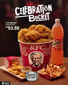 Go big AND bring it home! Bring more to the table with the KFC Celebration Bucket this Chinese New Year. It’s got your favourite KFC Chicken, Cheezy Wedges, the NEW Fried Mashed Potato Fingers with Colonel Gravy, and a 1.5L drink from RM53.50. | KFC