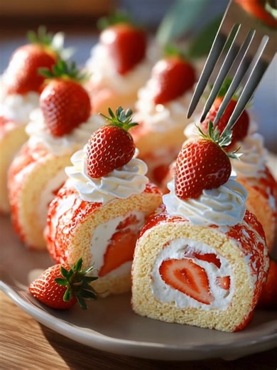 Strawberry Cream Sushi Rolls A playful dessert twist on sushi—soft sponge cake rolled with cream and whole strawberries. Yield: 12 rolls (serves 6) Oven Temp: 180°C (350°F) Time: 12 min bake 30 min chill ................................. Full Recipe in First Cօʍʍеոτ 👇 | Slice of Heaven