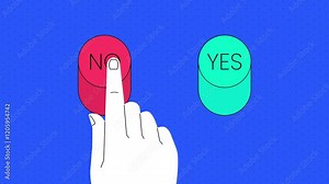Animated decision-making concept: hand choosing between YES and NO buttons. Flat vector style. Looping. 4K animated video