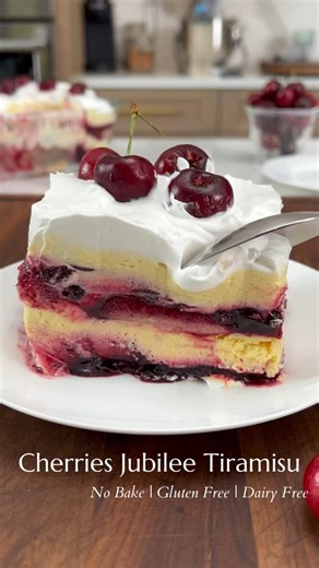 Danielle Cochran | THESALTYCOOKER®️ on Instagram: "Craving a no-bake dessert that looks fancy but takes no time? This Cherries Jubilee Tiramisu is layered with cherry jam, whipped cream, mascarpone, and ladyfingers for a cool, creamy treat that’s perfect for summer. You can make it dairy-free and gluten-free or stick with the classic. It’s a fruity spin on tiramisu with just the right amount of boozy cherry-orange flavor. Comment TIRAMISU and I’ll DM you the full recipe and my favorite cherry pi