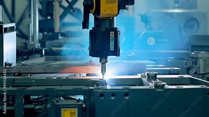 Robotized automated industrial equipment at the factory. Concept: automation of production, industrial robotics and the factory of the future