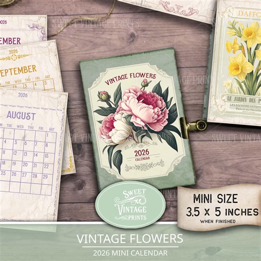 Printable 2026 Mini Calendar | Vintage Flowers Calendar | DIY Planner Digital Download | Sweetvintageprints - Etsy