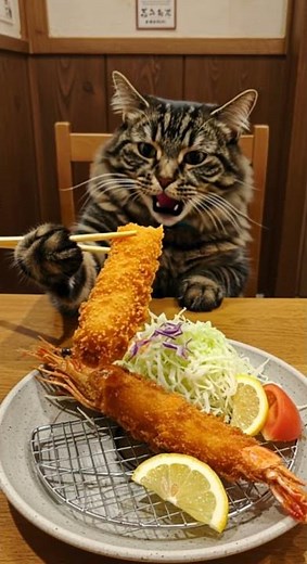 とらの至福タイム！大好物エビフライを箸で尻尾から味わう瞬間