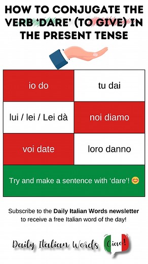 Learn how to conjugate the Italian verb 'dare' (to give) in the present tense! 🇮🇹 #dailyitalianwords #italianoperstranieri #italianoonline #italianteacher #italianlanguagecourses #italianlanguage #learnitalianlanguage #learnitalianonline #learnitalian | Daily Italian Words