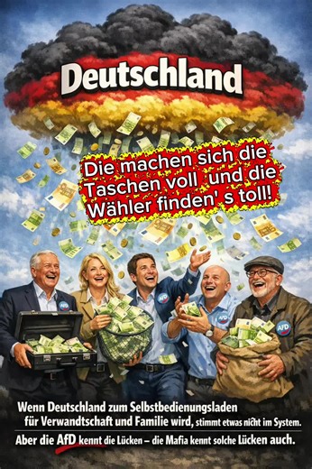 Deutschland als Selbstbedienungsladen? AfD & Mafia – gleiche Taktik! Beschreibung: Wenn Geld aus Deutschland nur für Familie, Freunde und persönliche Vorteile fließt, ist das System kaputt – und AfD kennt die Schlupflöcher genauso wie die Mafia. Satire trifft auf bitteren Realitätscheck. Hashtags: #AfD #Mafia #Deutschland #Selbstbedienungsladen #Korruption Keywords: Deutschland, AfD, Mafia, politische Satire, Korruption, Vetternwirtschaft, Geldregen, Systemfehler, Meme, satirisches Meme